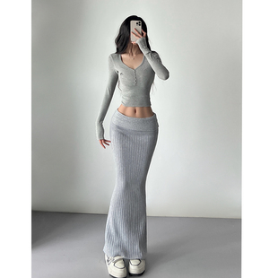 美式 辣妹翻边低腰针织半身裙显瘦显腿长纯欲包臀中长裙2025春裙子