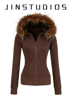 25秋可拆卸毛领连帽拉链款收腰卫衣外套纯色显瘦休闲百搭辣妹帽衫