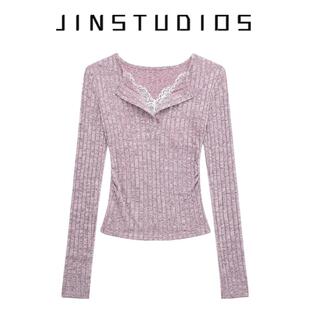 短款 显瘦百搭上衣打底衫 T恤修身 纯欲辣妹蕾丝拼接纯色V领套头长袖