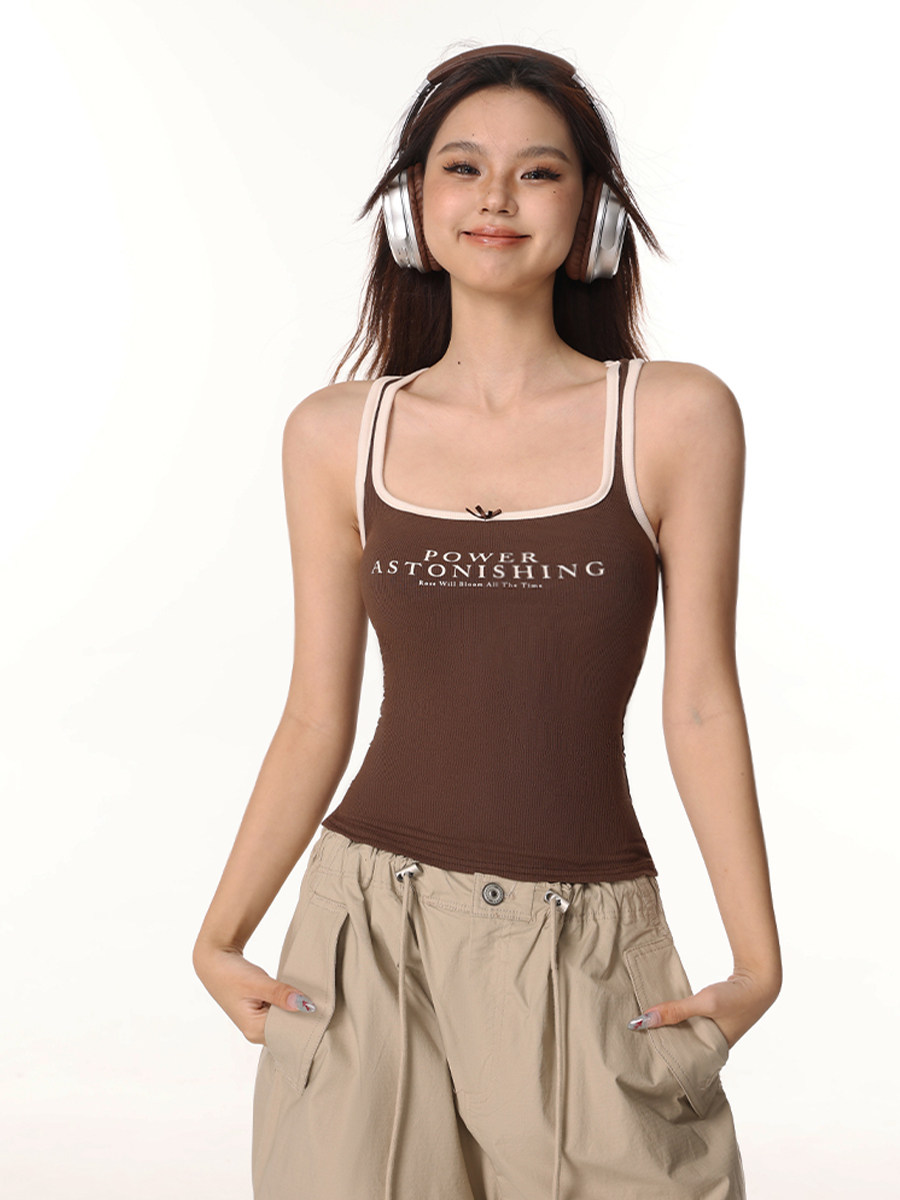 25夏美式辣妹撞色蝴蝶结字母背心修身显瘦百搭运动风少女上衣打底