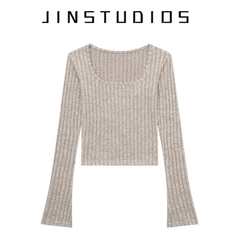 纯欲辣妹修身超短纯色U领长袖T恤