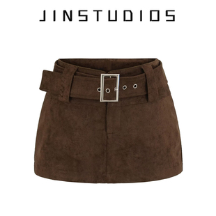 26春美式 辣妹复古腰带麂皮绒防走光短裙纯色显瘦百搭包臀a字半裙