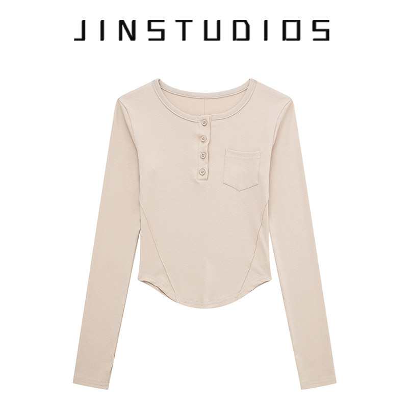 JIN自制美式圆领纽扣套头长袖T恤鱼骨收腰复古百搭修身辣妹风上衣