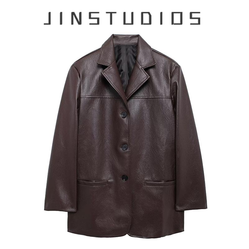 秋欧美ins博主款单排扣西装皮衣外套宽松百搭显瘦复古辣妹皮夹克