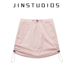 JIN自制2025夏美式 短裙显瘦百搭辣妹a字裙 运动风侧边褶皱抽绳工装