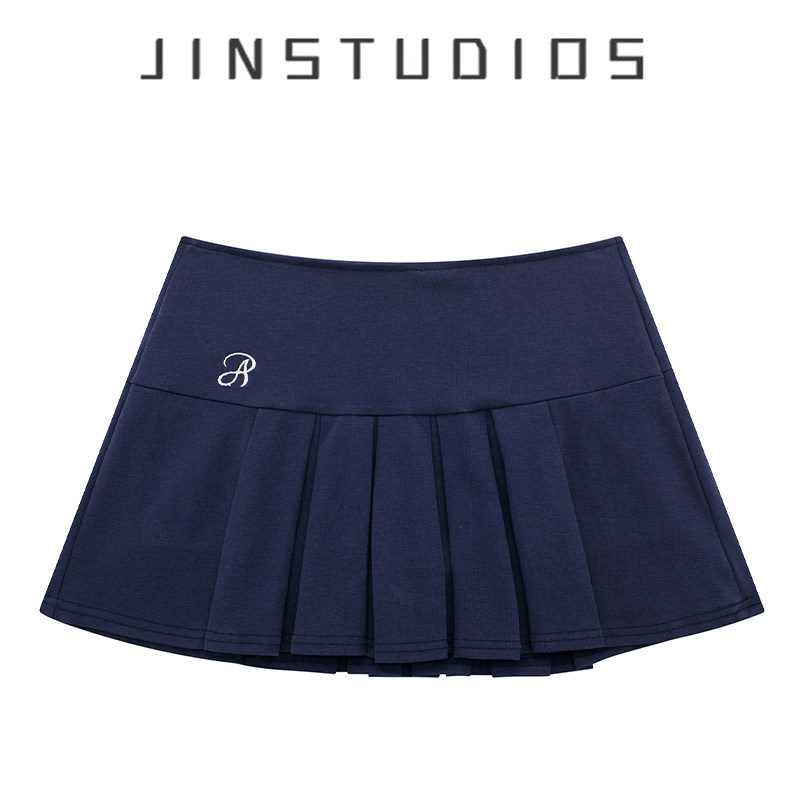 25秋美式复古校园风字母刺绣纯色百褶短裙百搭显瘦辣妹a字裙半裙