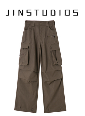 JIN自制2025秋个性褶皱大口袋高腰美式工装裤宽松百搭复古阔腿裤