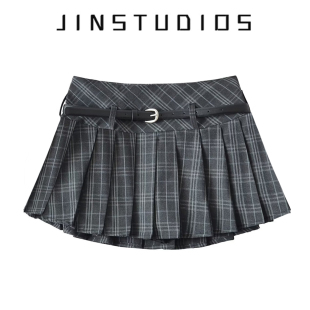 2025夏美式 复古小格子腰带百褶短裙显瘦百搭少女校园风a字裙短裙
