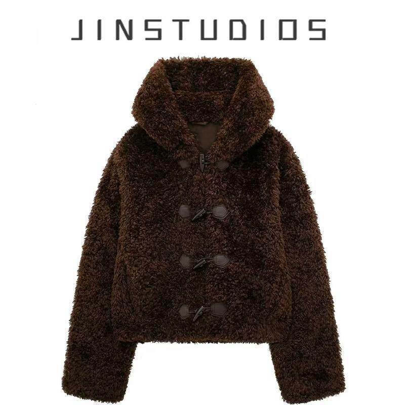 25冬复古双排牛角扣连帽毛绒短外套宽松百搭显瘦保暖可爱夹克大衣