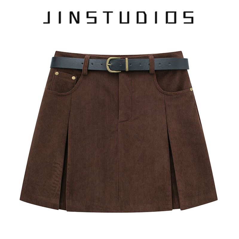 JIN自制设计感个性腰带灯芯绒百褶短裙纯色百搭显瘦复古a字裙半裙,女装/女士精品,半身裙,淘宝优惠券,粉丝福利购,淘宝优惠卷