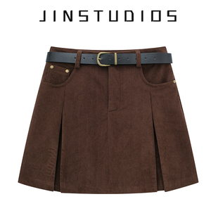 JIN自制设计感个性 腰带灯芯绒百褶短裙纯色百搭显瘦复古a字裙半裙