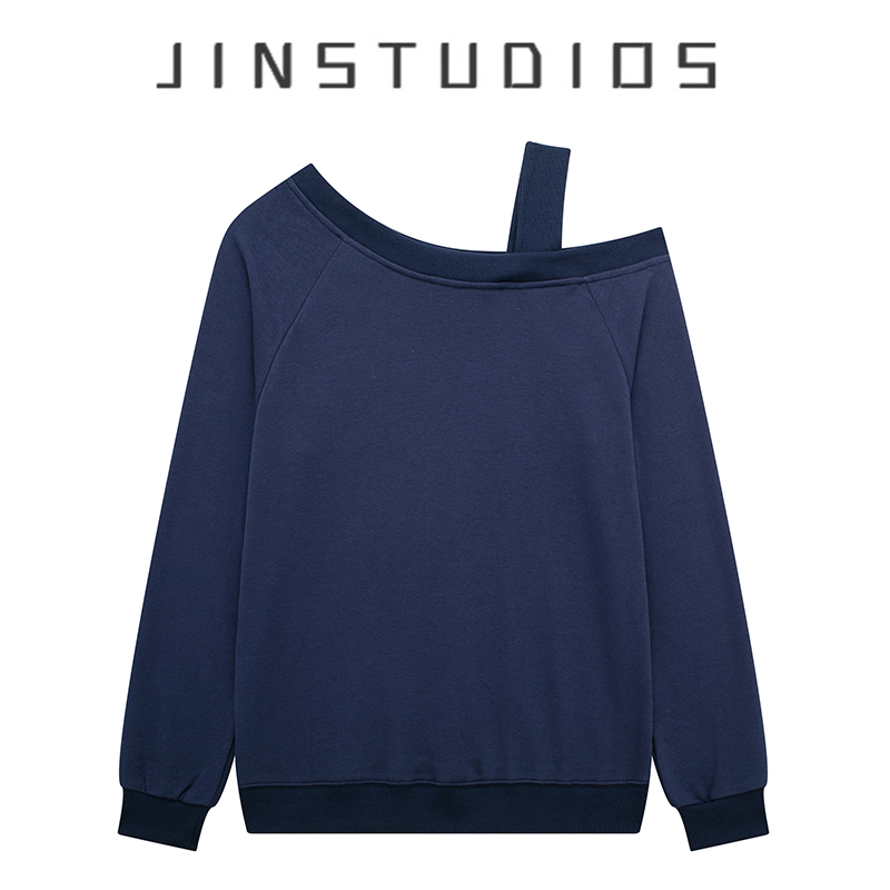 2025秋新款个性斜领单肩吊带露肩套头卫衣松弛感辣妹宽松百搭上衣