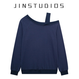 2025秋新款 斜领单肩吊带露肩套头卫衣松弛感辣妹宽松百搭上衣 个性