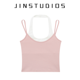 JIN自制25夏设计感撞色假两件挂脖吊带背心修身 超短辣妹百搭上衣