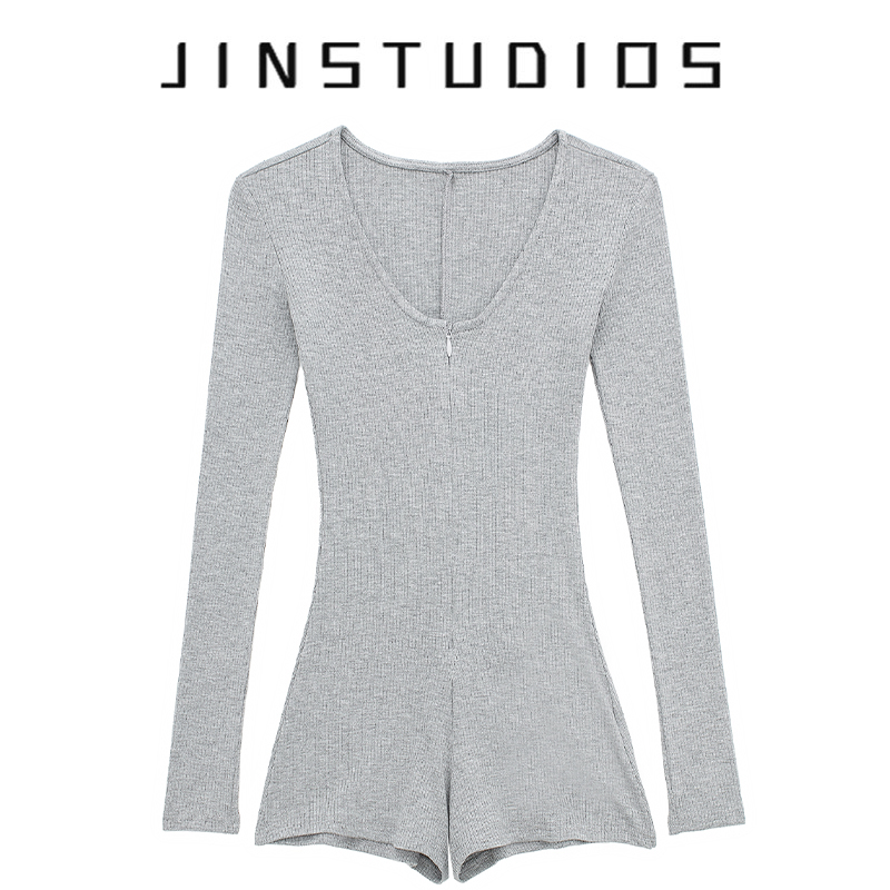 欧美辣妹拉链V领修身连体衣短裤