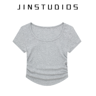 JIN自制夏纯欲辣妹风低圆领褶皱收腰正肩短袖 超短百搭上衣 T恤修身