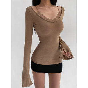 2025秋纯欲辣妹风蕾丝边吊带假两件长袖T恤修身显瘦百搭纯色上衣