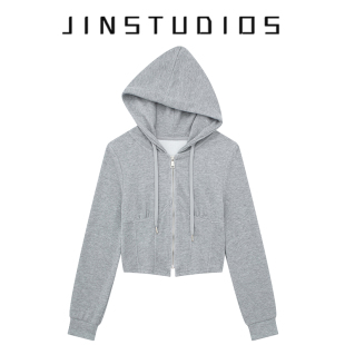 显瘦超短辣妹百搭帽衫 秋美式 运动风鱼骨收腰连帽拉链卫衣外套修身