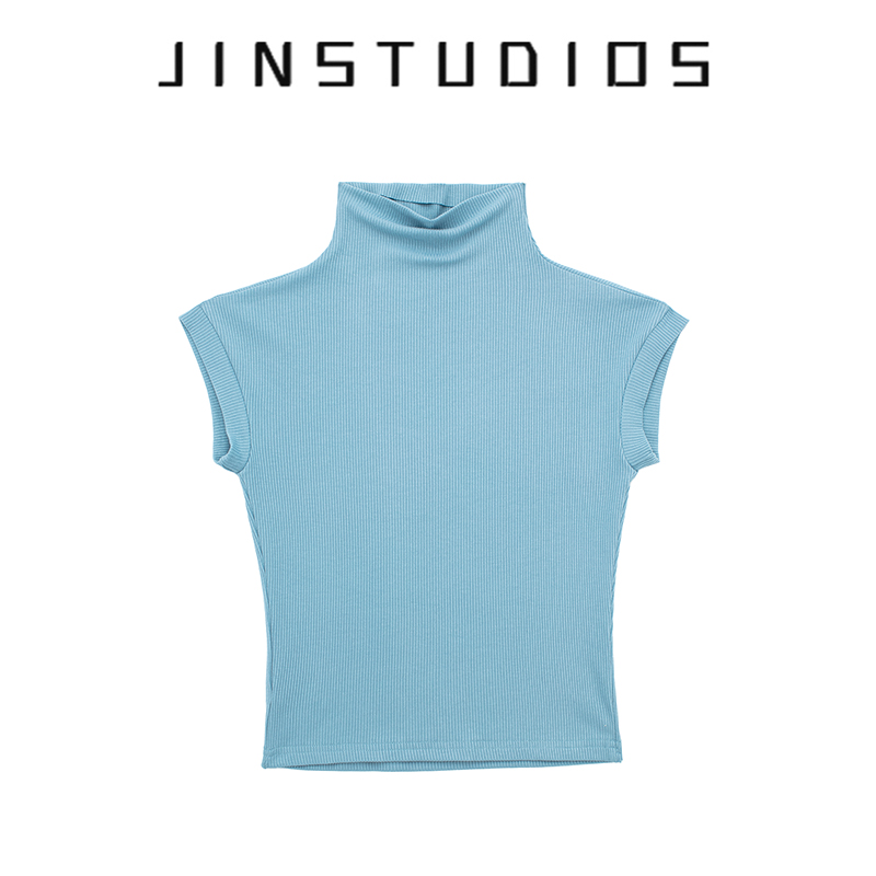 纯欲辣妹纯色修身小高领短袖T恤