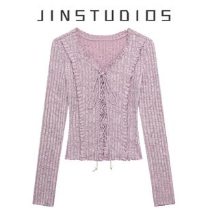 上衣打底衫 短款 T恤百搭显瘦修身 纯欲辣妹风木耳边交叉绑带V领长袖