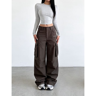 宽松百搭复古阔腿长裤 2026春夏个性 裤 辣妹工装 褶皱大口袋高腰美式