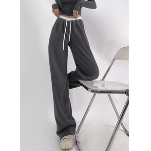 显瘦显腿长百搭辣妹长裤 拼接撞色抽绳高腰阔腿卫裤 运动风个性 美式