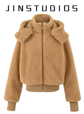 2026早春仿羊羔绒拉链连帽纯色短外套美式运动风短款毛绒夹克上衣