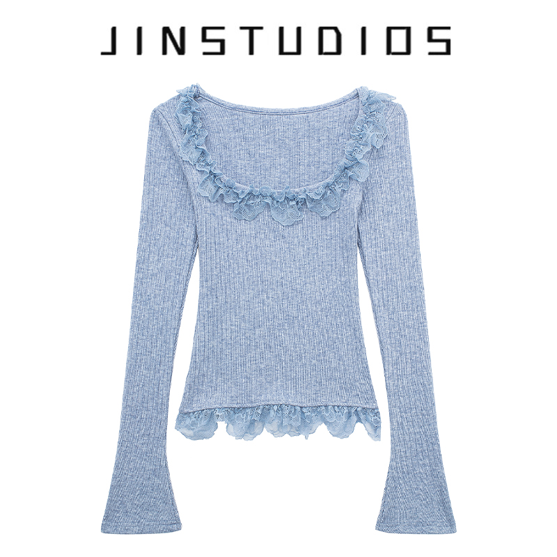 纯欲少女蕾丝花边U领套头长袖T恤修身显瘦百搭辣妹上衣打底衫短款