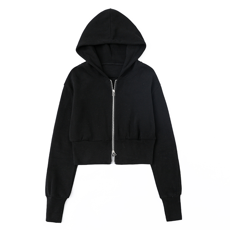 双拉链连帽卫衣外套修身辣妹上衣