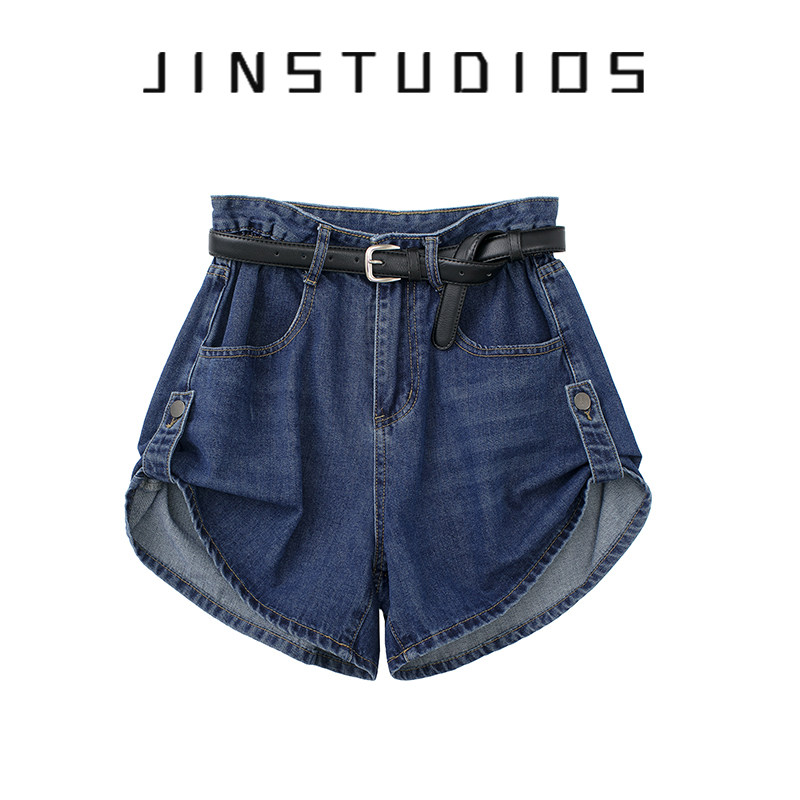 22夏设计感复古腰带高腰牛仔短裤宽松显瘦显腿长个性卷边阔腿热裤