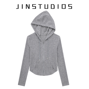 显瘦辣妹帽衫 运动风后背绑带连帽拉链卫衣外套修身 JIN自制秋美式