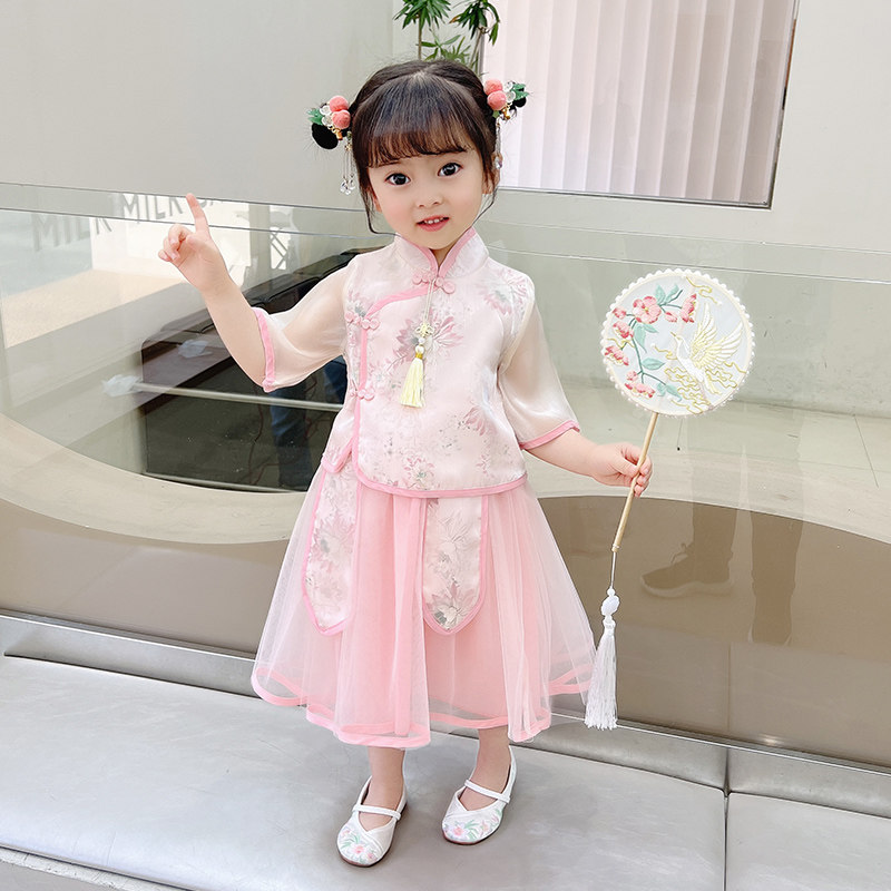现货儿童汉服古风2023新v款女童短袖夏季古装一岁女宝宝中国风超