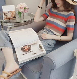 NVYIS2023女新款韩范百搭彩色条纹冰丝t恤女短袖圆领薄款女针织衫