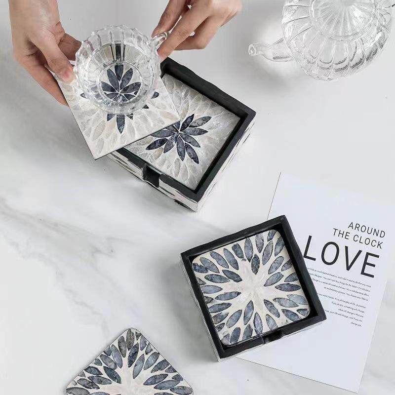 手工彩贝壳杯垫创意贝母隔热垫子轻奢木质装饰碗垫餐垫圆形餐桌垫