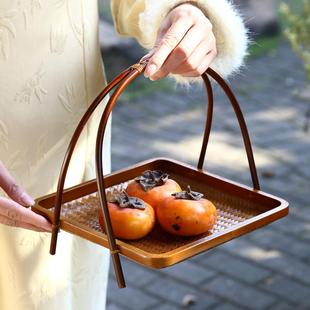 手工竹编大漆竹编小提篮中式复古带提手点心盘水果篮茶点糕点托盘