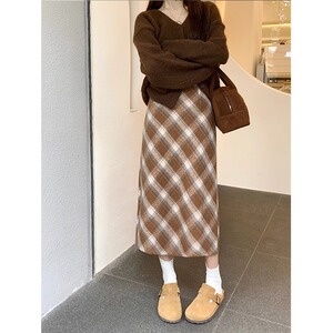 梨形身材格子半身裙女秋冬季新款高腰大码胖妹mm中长款毛呢半身裙