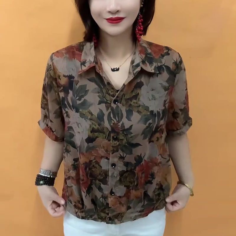 夏季薄款妈妈宽松印花短袖衬衫