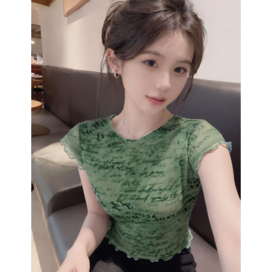 夏季双层网纱迷彩小飞袖T恤女