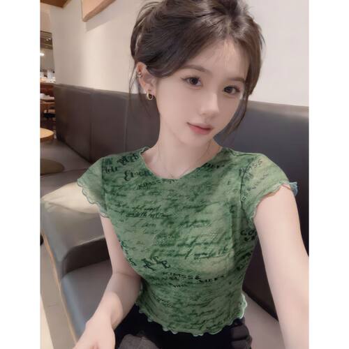 夏季双层网纱迷彩小飞袖T恤女