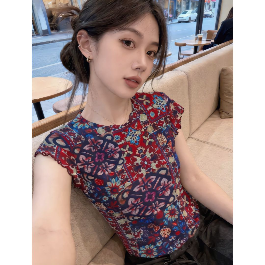新中式网纱花卉飞袖T恤女夏季