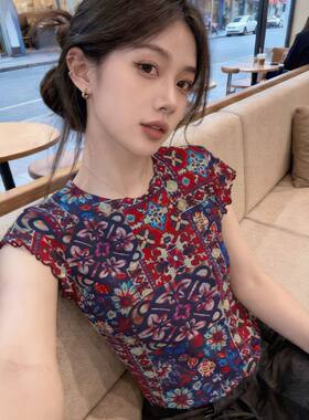 新中式网纱花卉飞袖T恤女夏季