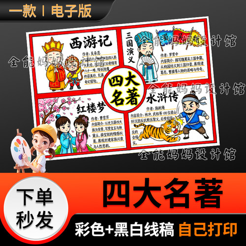 四大名著阅读手抄报电子模版好书推荐读书电子报黑白线稿6200