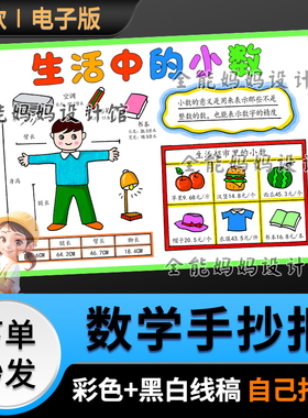 生活中的小数数学手抄报电子小报半成品可打印黑白线稿D008