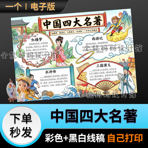 中国四大名著书推荐电子阅读手抄报小报可打印黑白线稿E148