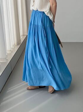 不晚 飘逸絮语~韩系褶皱腰头系带仙女伞裙女飘逸气质半身裙