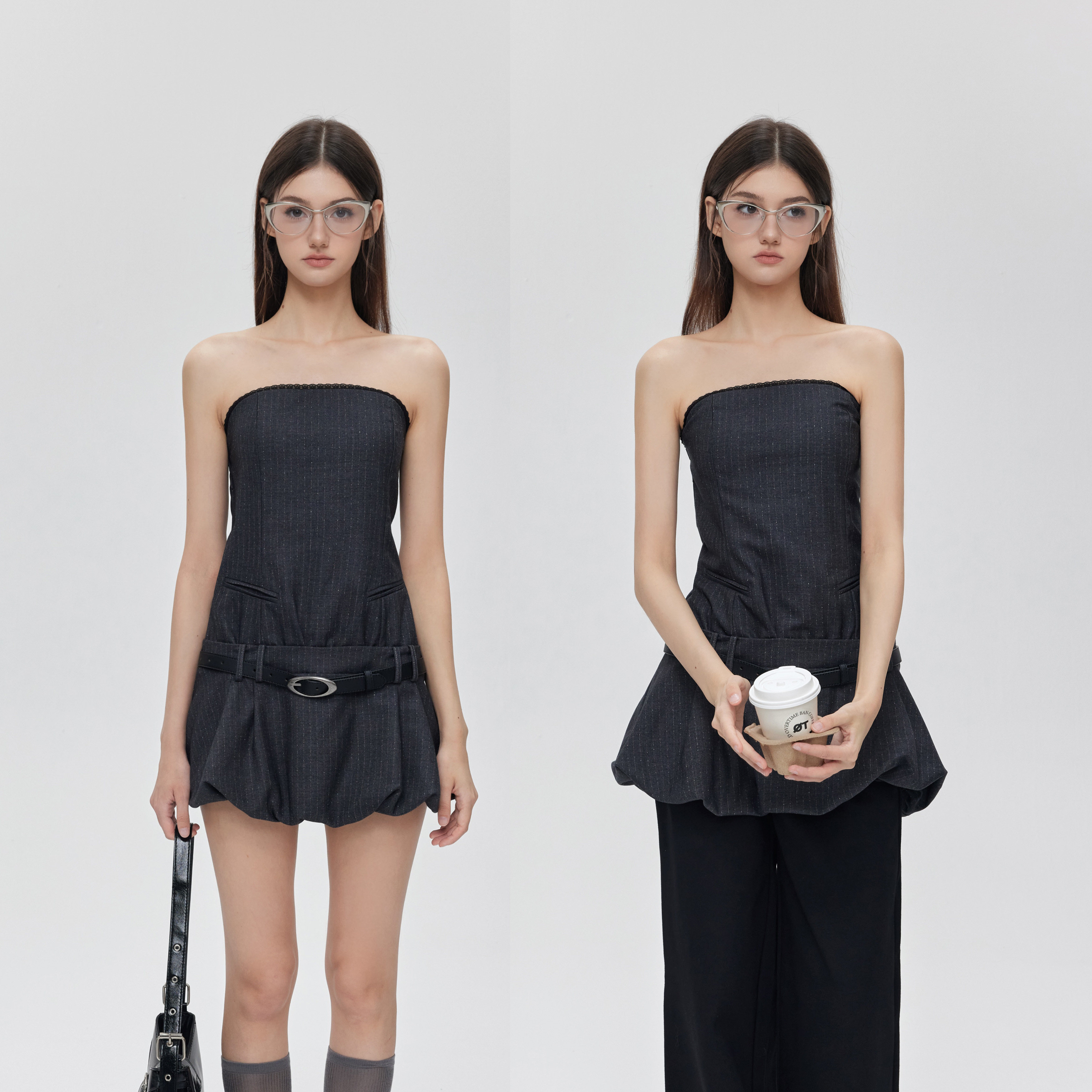 OthJul.无初纪 原创灰色条纹高级感辣妹修身抹胸蕾丝西装连衣裙女