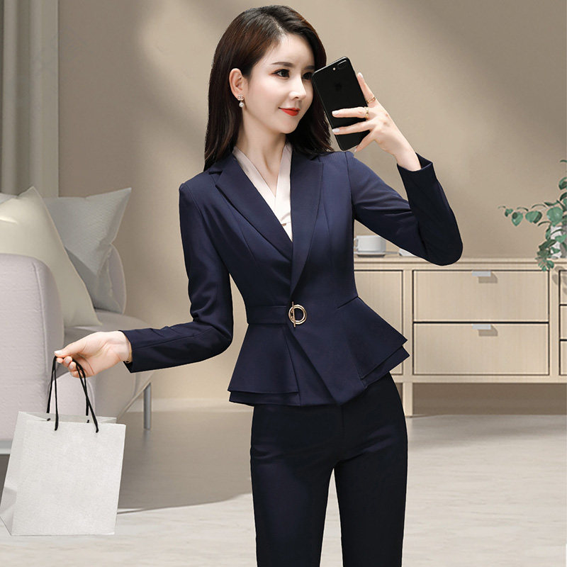 蓝色西装外套女小个子春秋新款气质职业西服套装女面试正装工作服