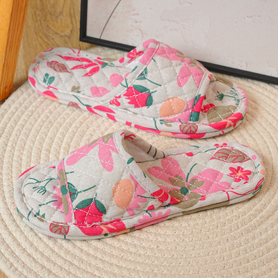 新款棉麻亚麻居家室内布底拖鞋