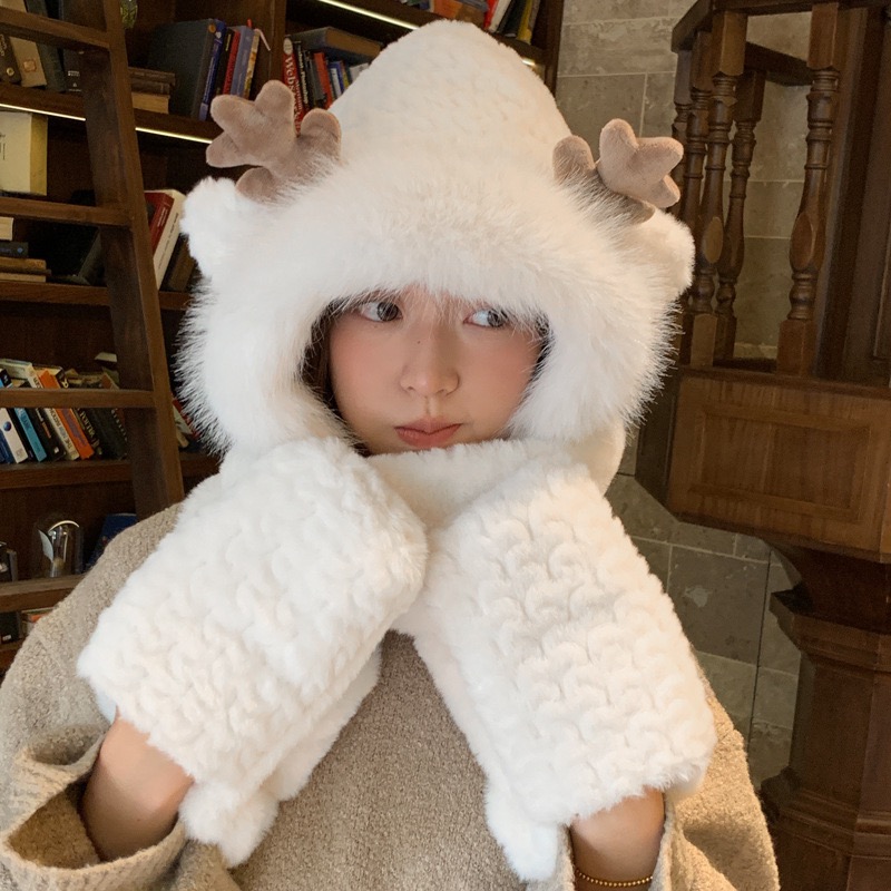 可爱鹿角帽子冬季保暖围巾手套三件套女骑行电动摩托车防寒防风帽