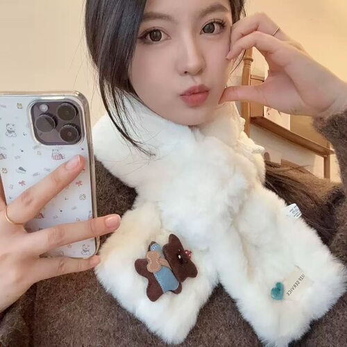 可爱小熊玩偶毛绒交叉围脖毛毛加厚保暖冬季防寒卡通围巾护颈毛领